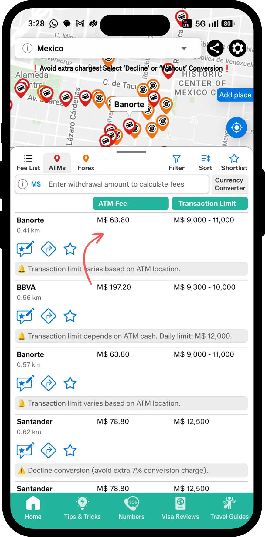 ATM Fee Saver app screen showing atm withdrawal fees and transaction limits for foreign card holders
