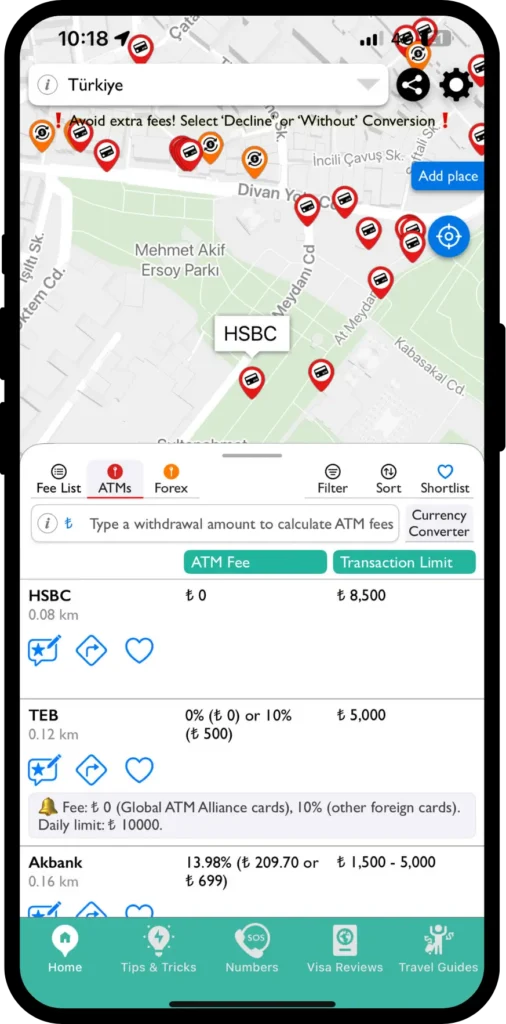 ATM Fee Saver app screen showing nearby fee free and low fee ATMs with limits, for travelers abroad