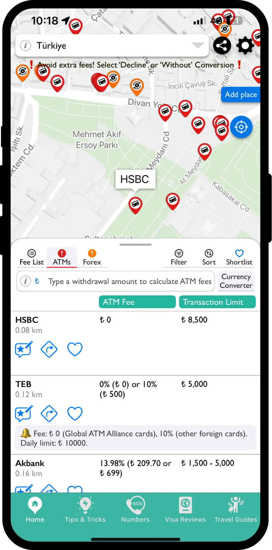 ATM Fee Saver app screen showing nearby fee free and low fee ATMs with limits, for travelers abroad