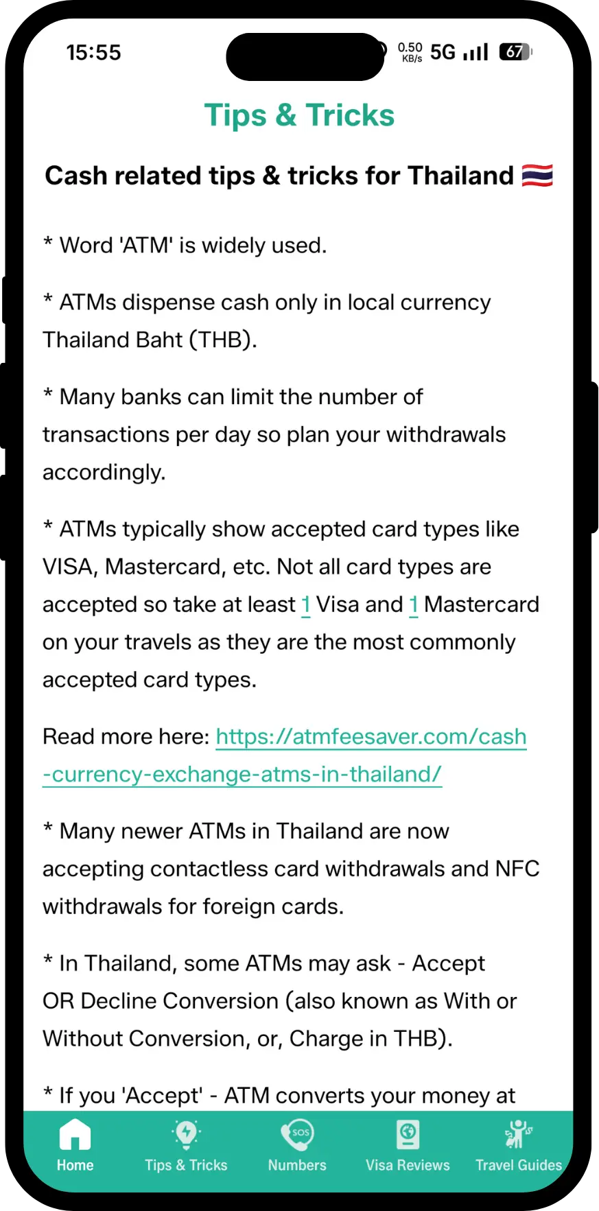 ATM Fee Saver app screen showing tips screen with cash tips and tricks for foreign card holders