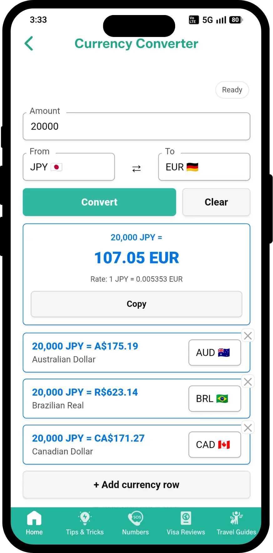 ATM Fee Saver app screen showing currency converter