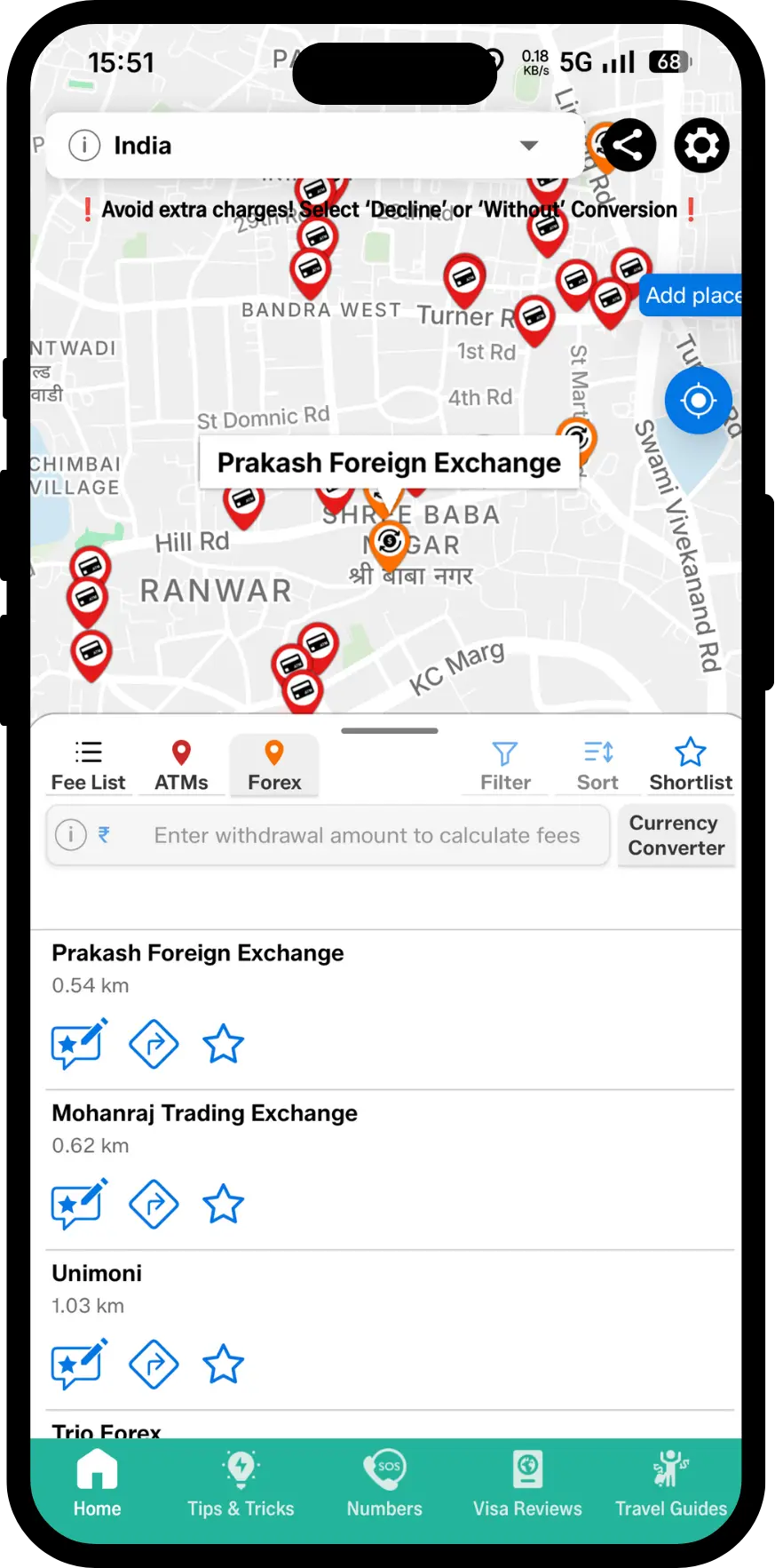 ATM Fee Saver app screen showing currency exchange and money transfer places for foreign card holders