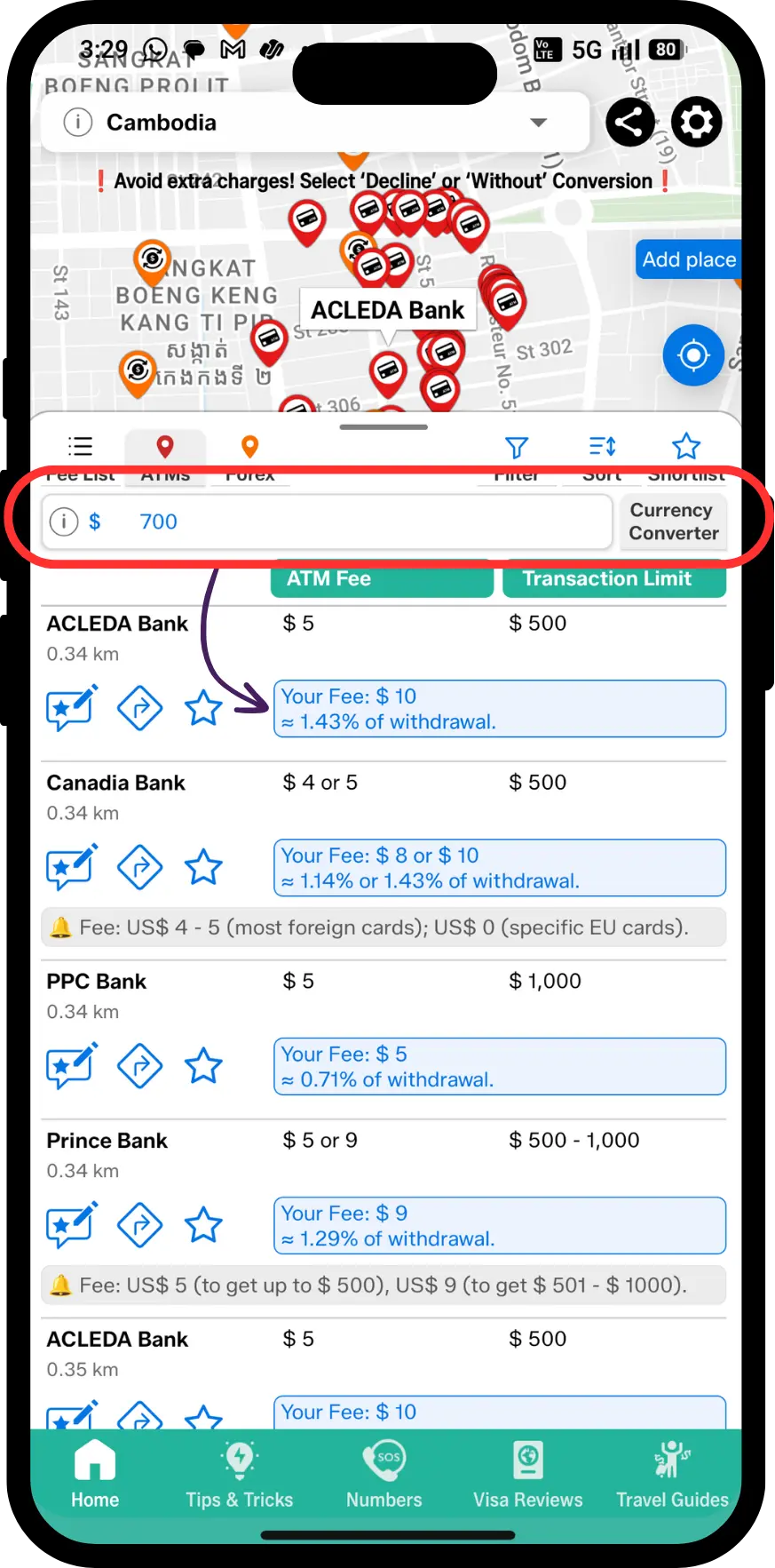 ATM Fee Saver app screen showing atm fee calculator and specific fees for foreign card holders