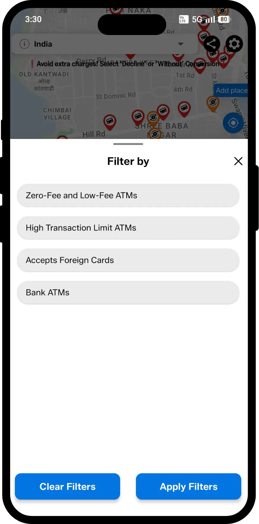 ATM Fee Saver app screen showing filter options by fee-free, high withdrawal limits