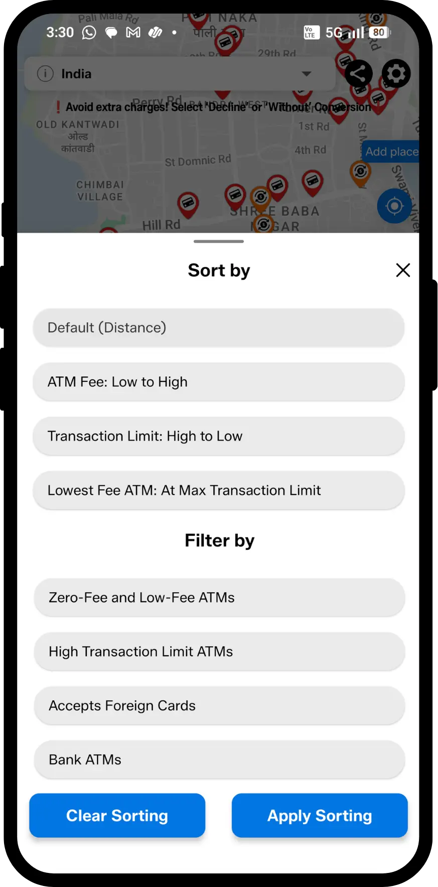 ATM Fee Saver app screen showing premium subscription for sorting and filtering atms 