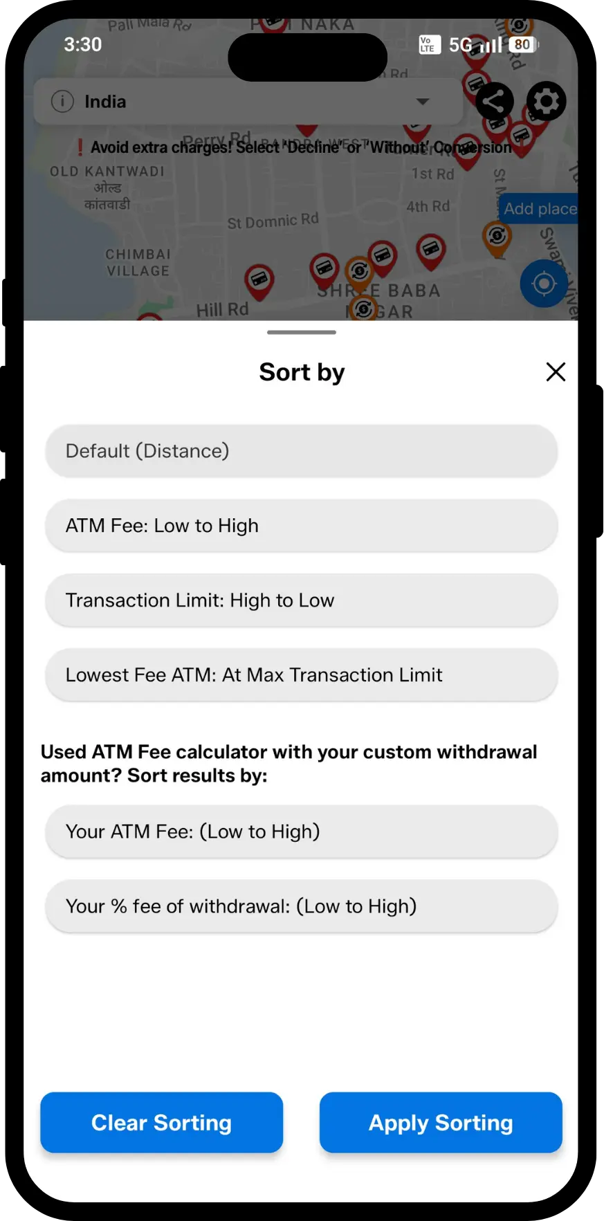 ATM Fee Saver app screen showing sort options by fee-free, high withdrawal limits