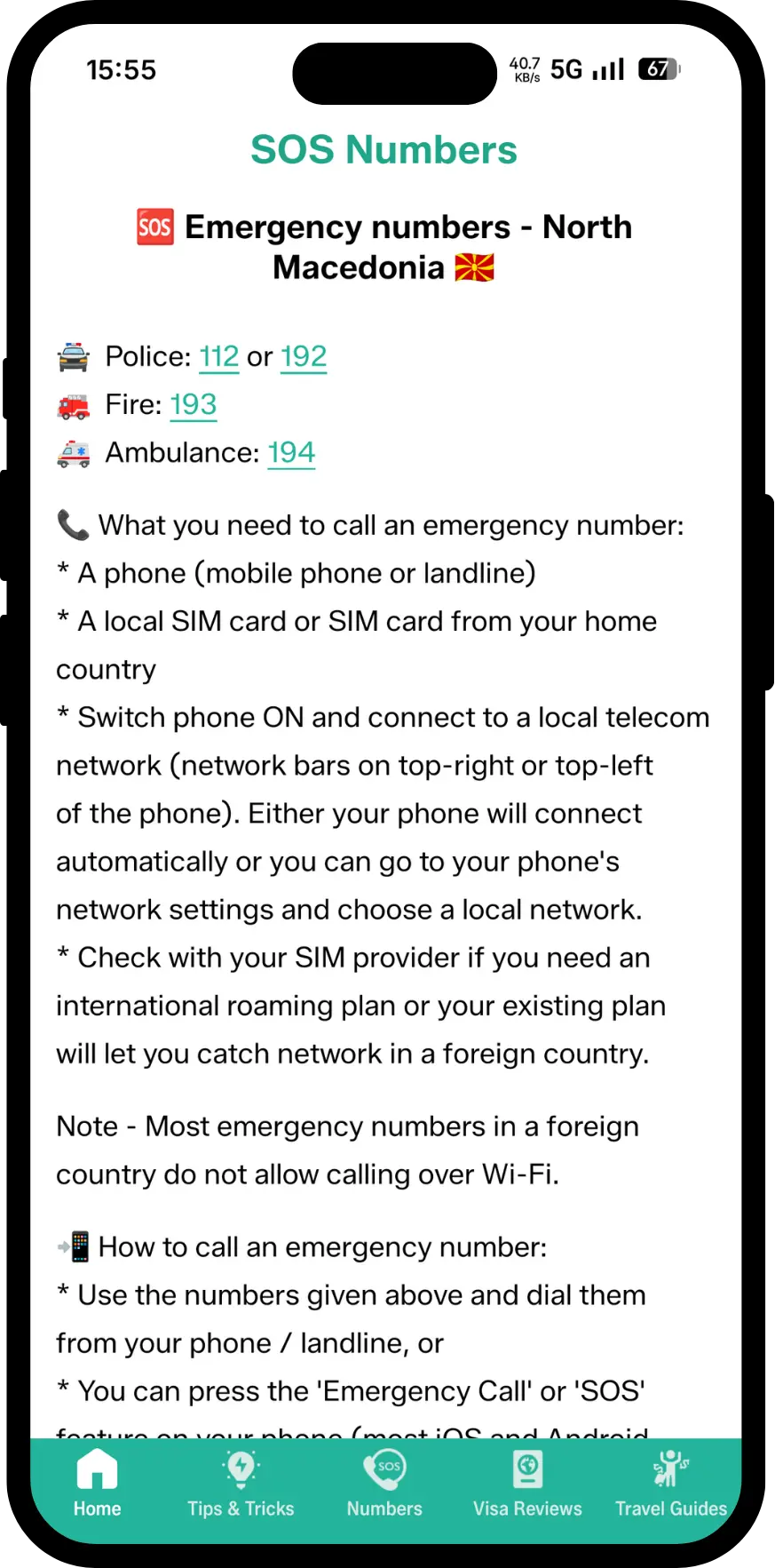 ATM Fee Saver app screen showing SOS emergency numbers in foreign country 