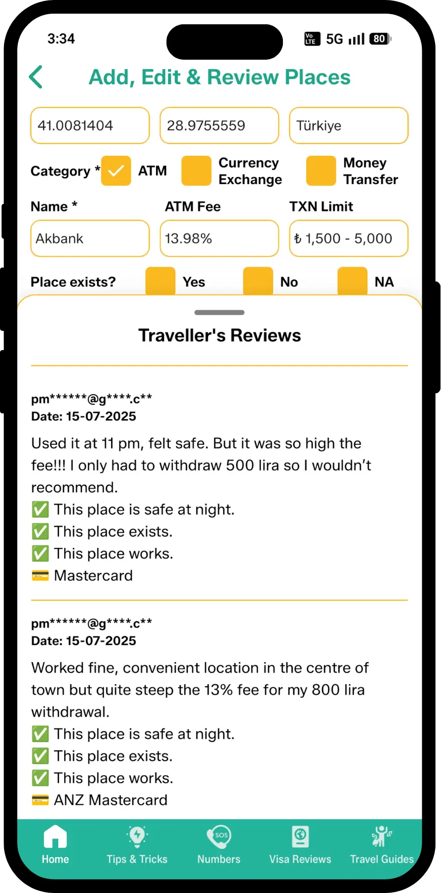 ATM Fee Saver app screen showing traveller reviews on foreign atms